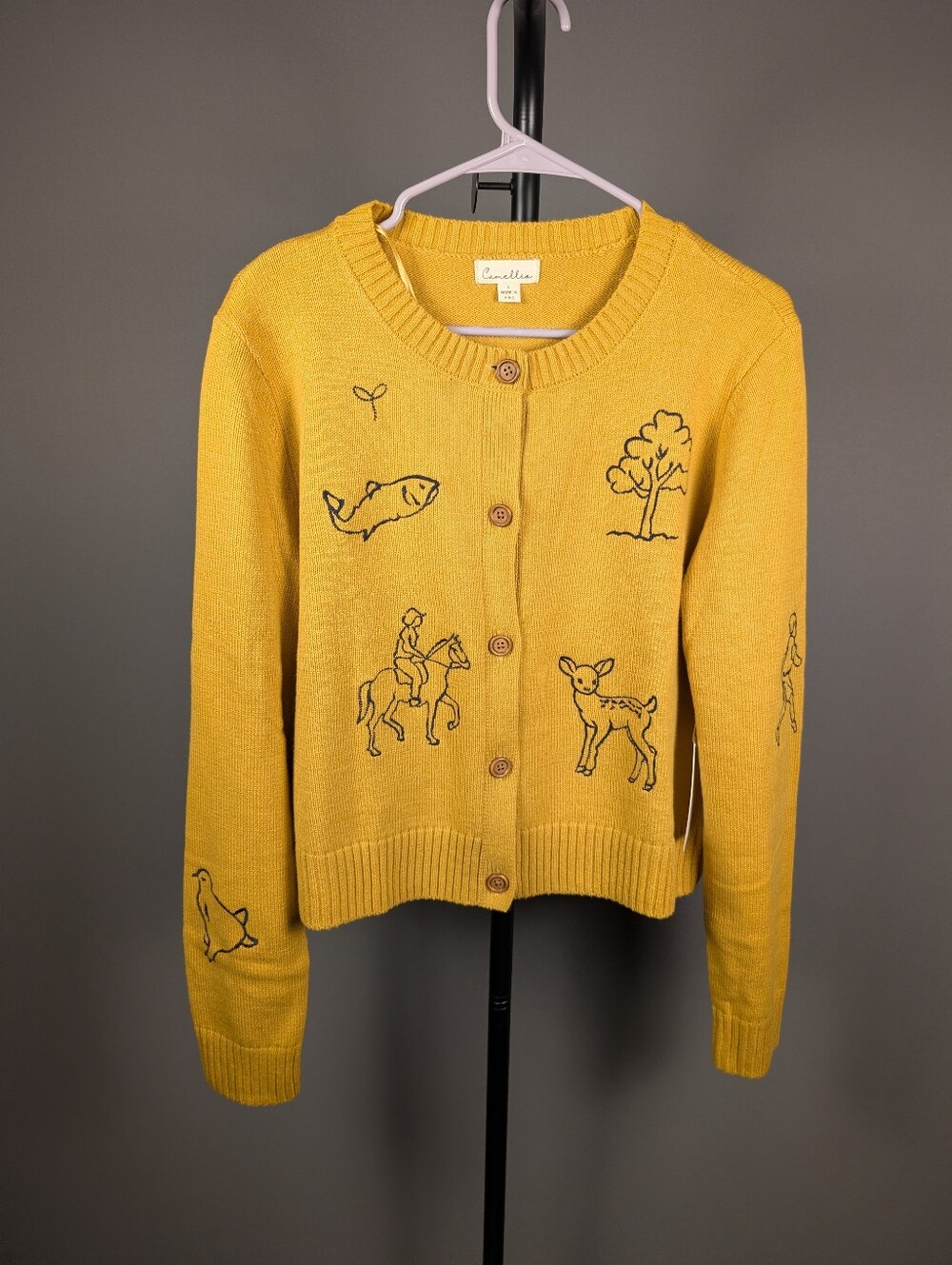 Camellia Mustard Yellow Embroidered Nature Button Front Cardigan L A-322 - Picture 3 of 12